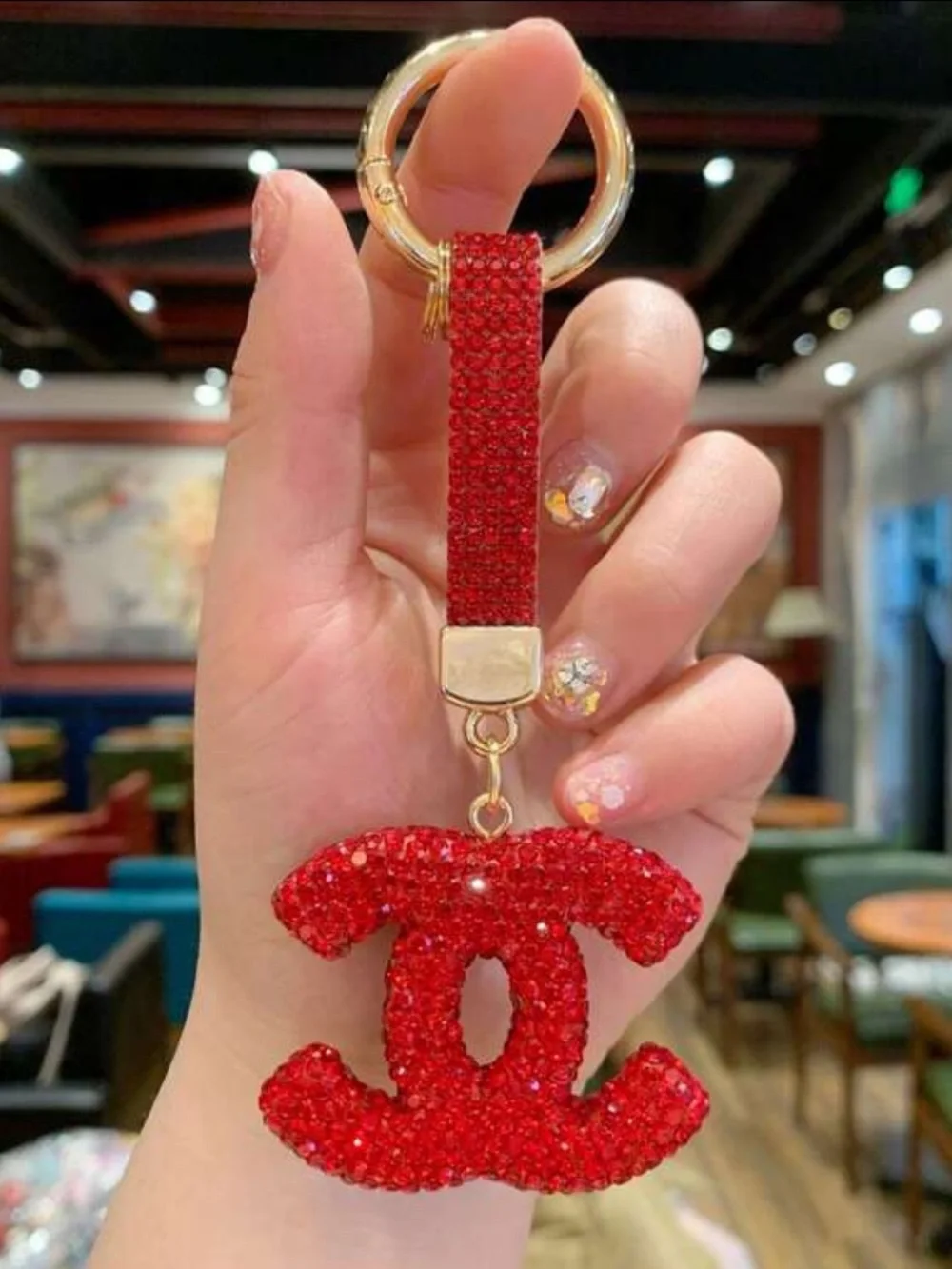 Luxury Red Crystal Interlocking CC Keychain Charm bag charm nwt